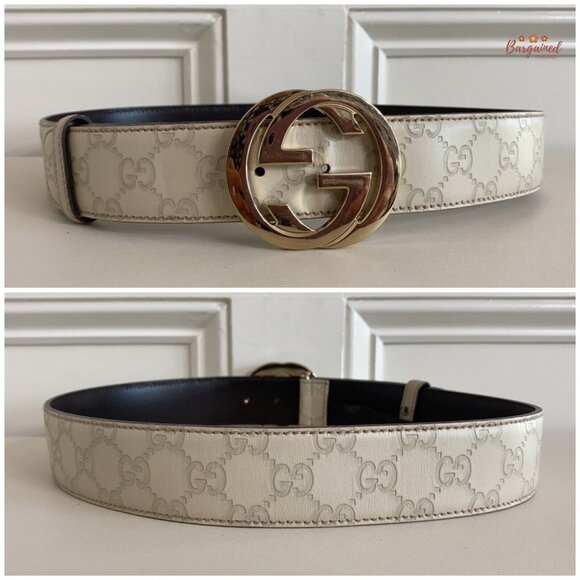 Authentic Gucci Cream Guccissima Leather Gold Interlocking G Buckle Belt 80/32 - Picture 5 of 13